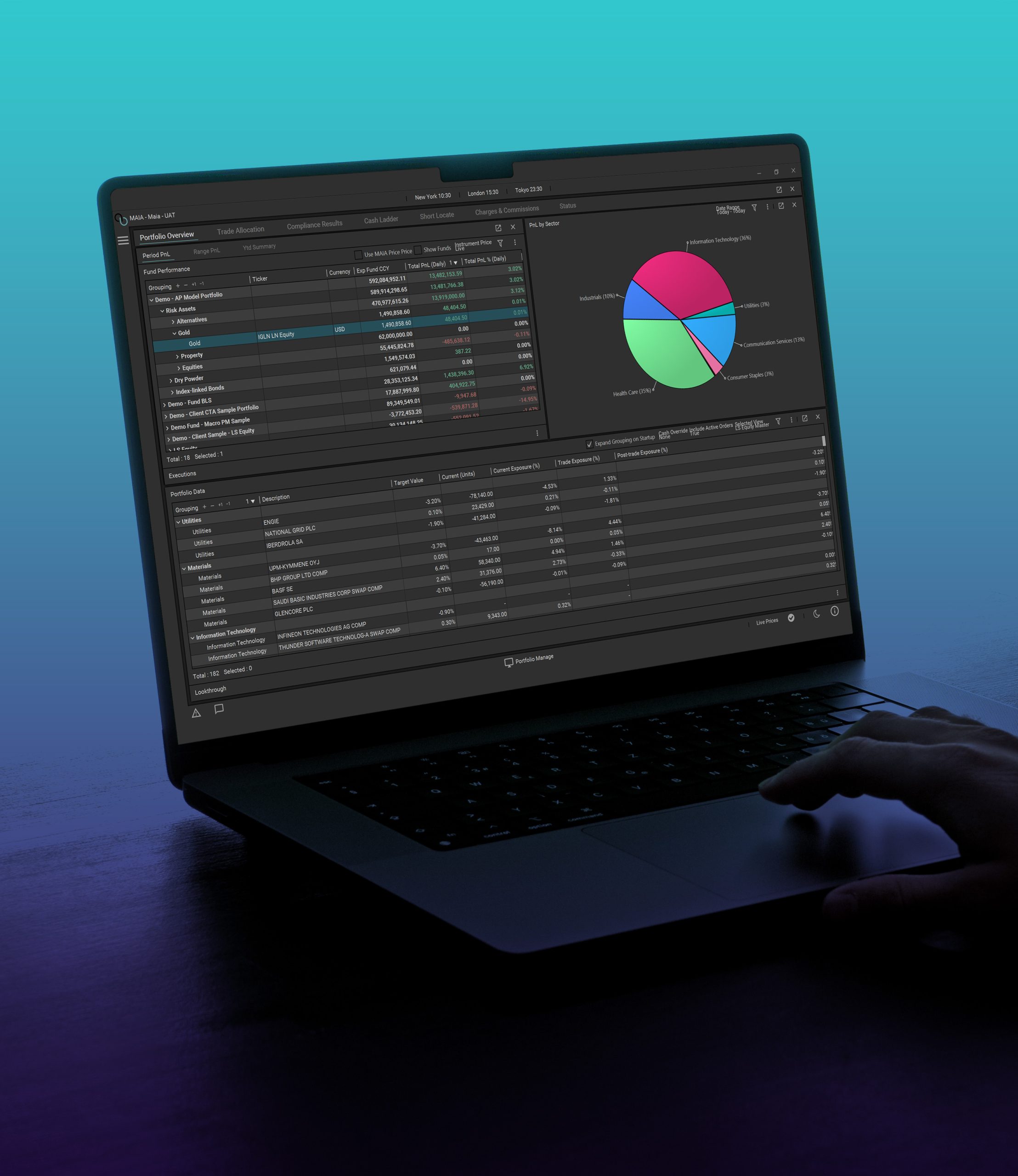 MAIA investment management platform displaying portfolio data and exposure analytics on a laptop